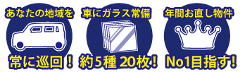 ガラスのトラブル救急車のスタッフが・車にガラスを常備・ガラスの年間修理件数ナンバーワンを目指す